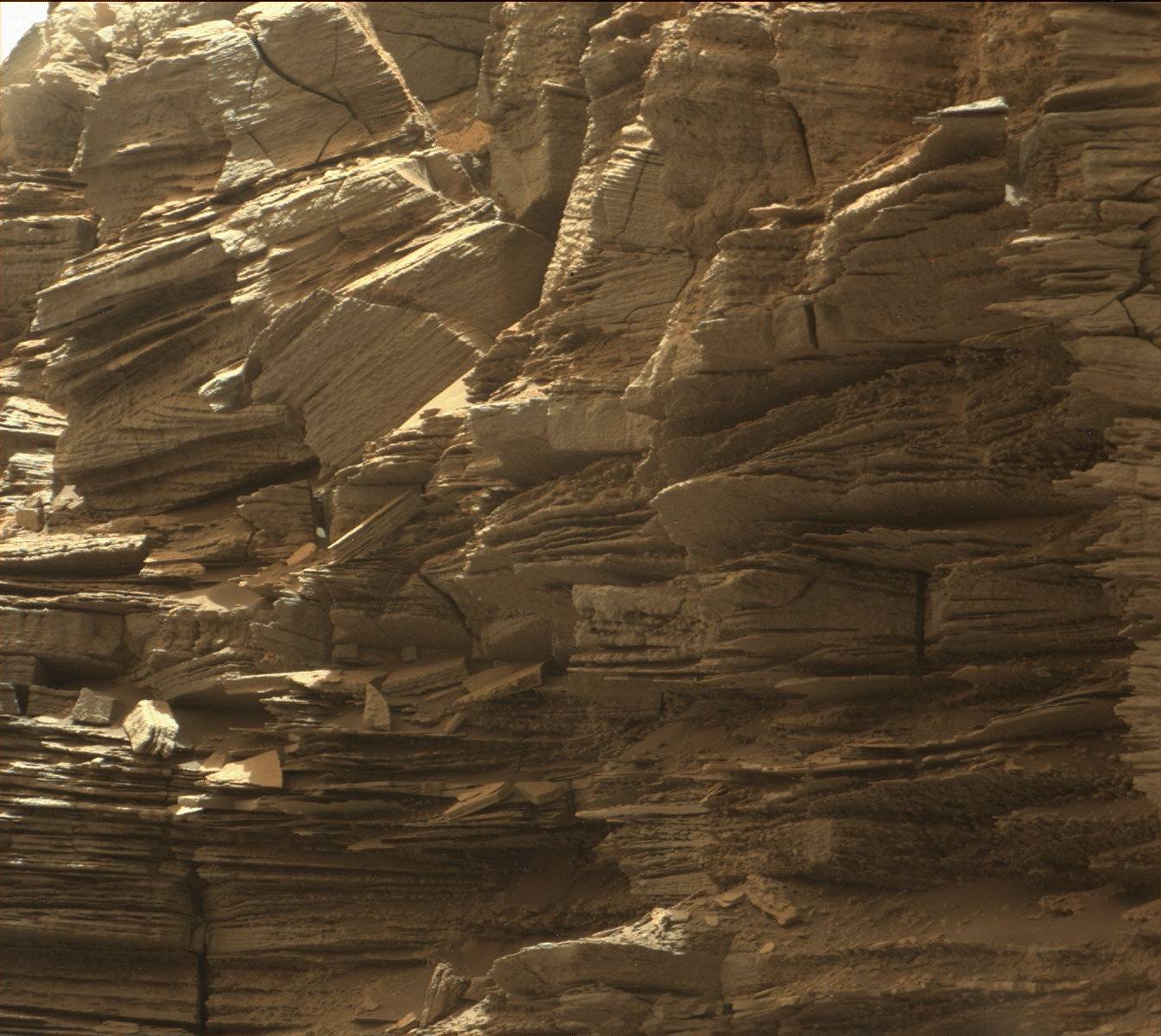 This closeup view from NASA's Curiosity rover shows finely layered rocks, deposited by wind long ago as migrating sand dunes