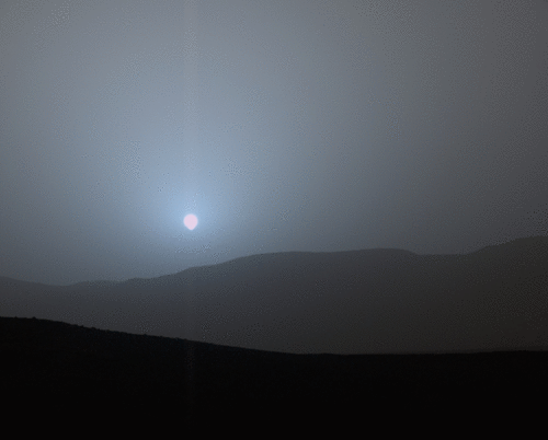 NASA's Curiosity Mars rover recorded this sequence of views of the sun setting at the close of the mission's 956th Martian day, or sol (April 15, 2015), from the rover's location in Gale Crater.