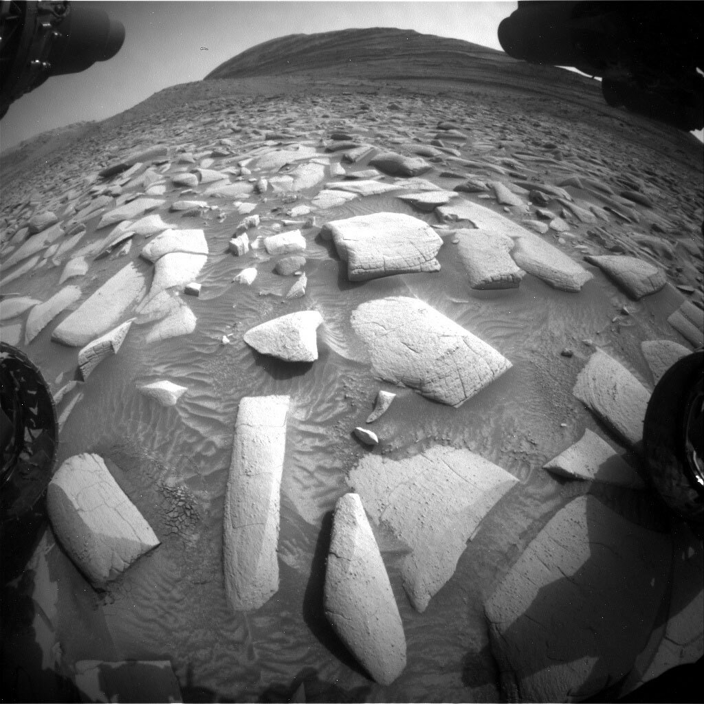 There is a little rock in the way, this image was taken by Front Hazard Avoidance Camera (Front Hazcam) onboard NASA's Mars rover Curiosity on Sol 4148.