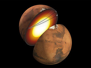 This artist’s concept shows a cutaway of Mars, along with the paths of seismic waves from two separate quakes in 2021.